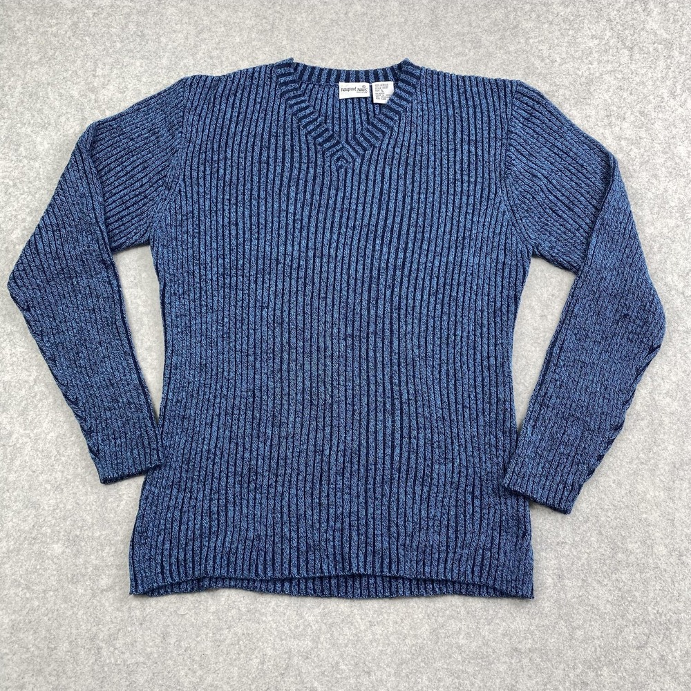 Newport News Sweater Womens Large Blue Striped V Neck Ribbed Knit Pullover A5307